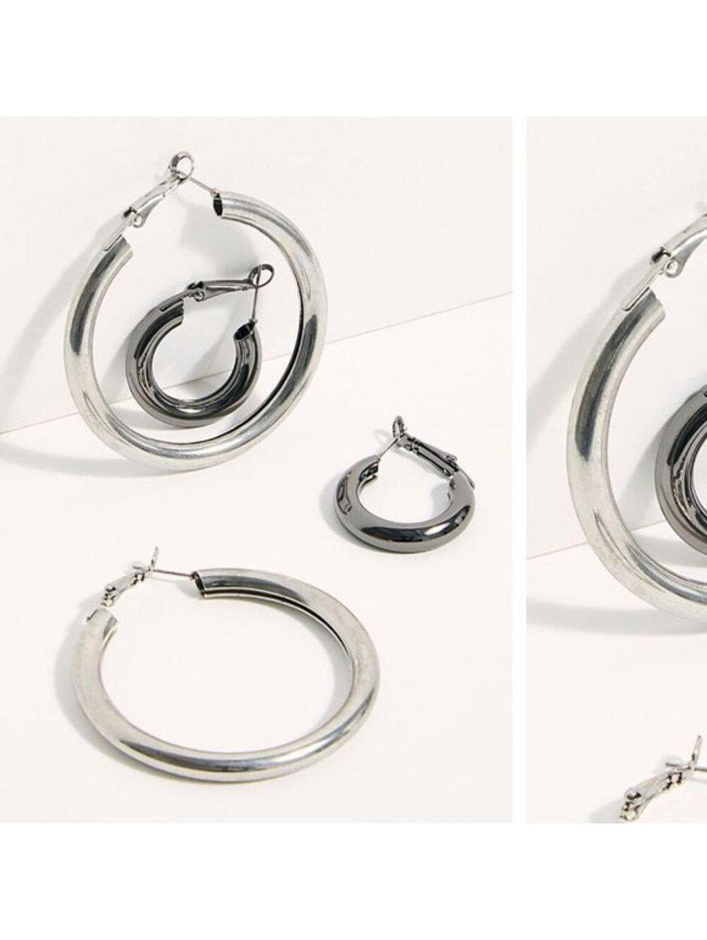Free People Classic Tube Hoop Earring Set Silver Combo - Picture 5 of 7